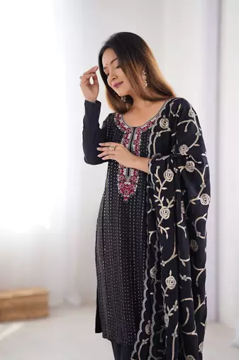 Black Color Thread With Sequence Work Chinon Silk Kurta Set