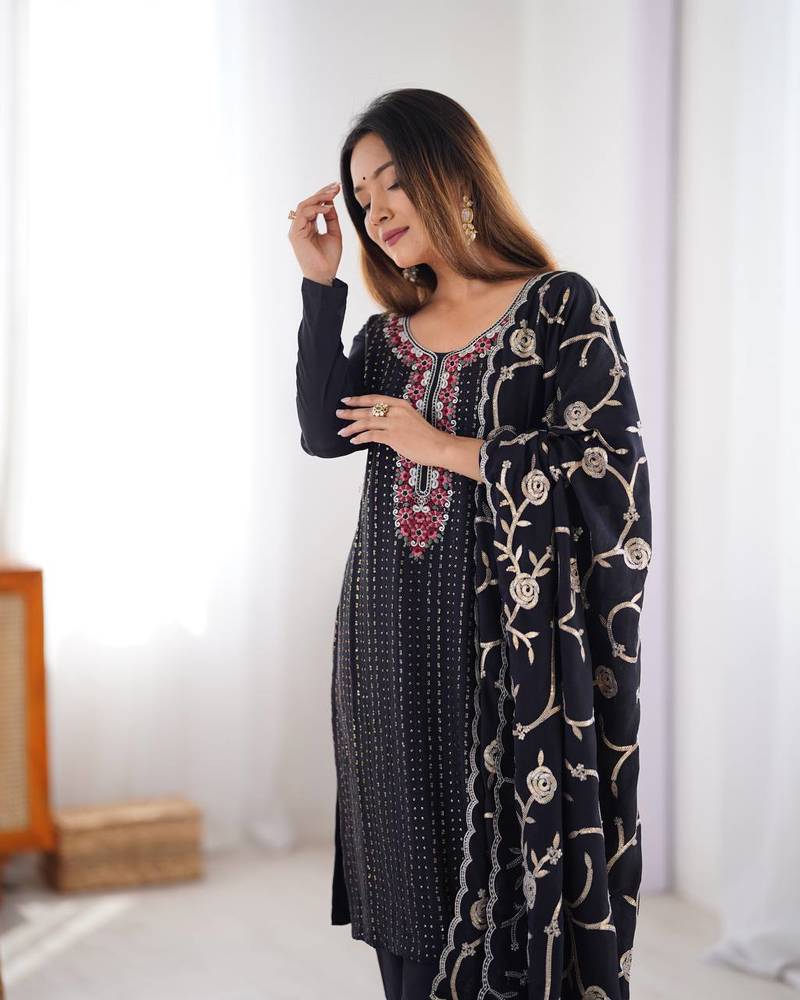 Black Color Thread With Sequence Work Chinon Silk Kurta Set