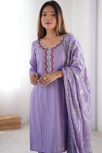 Lavender Color Thread With Sequence Work Chinon Silk Kurta Set