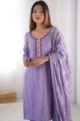 Lavender Color Thread With Sequence Work Chinon Silk Kurta Set