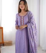 Lavender Color Thread With Sequence Work Chinon Silk Kurta Set