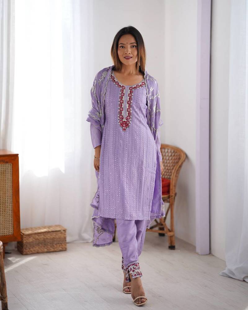 Lavender Color Thread With Sequence Work Chinon Silk Kurta Set