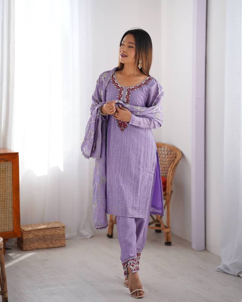 Lavender Color Thread With Sequence Work Chinon Silk Kurta Set