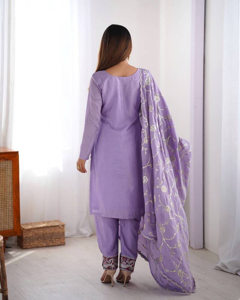 Lavender Color Thread With Sequence Work Chinon Silk Kurta Set