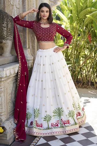 White and Wine Thread and Sequins Embroidered Georgette Indian wedding lehenga dress