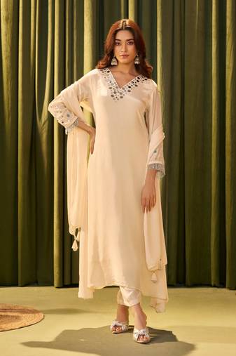 Albeli pearl beige embroidered crepe kurta sets