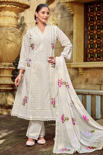Malti angel light white embroidered cotton kurta sets