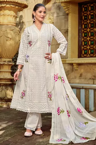 Malti angel light white embroidered cotton kurta sets