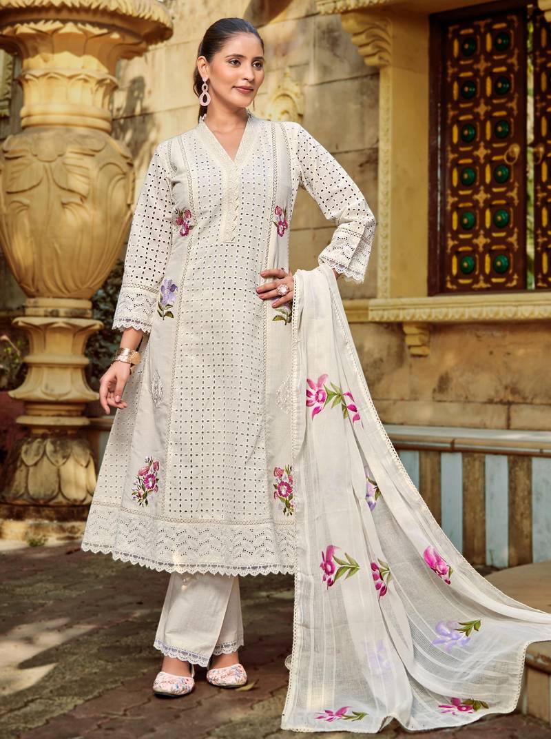Malti angel light white embroidered cotton kurta sets