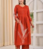 Sarvari rust red embroidered cotton kurta sets