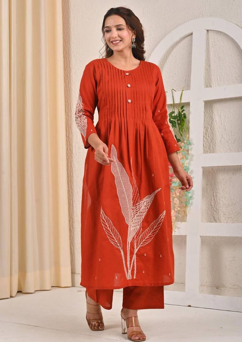 Sarvari rust red embroidered cotton kurta sets