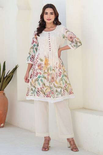 Tiara alabaster light white printed cotton kurta sets