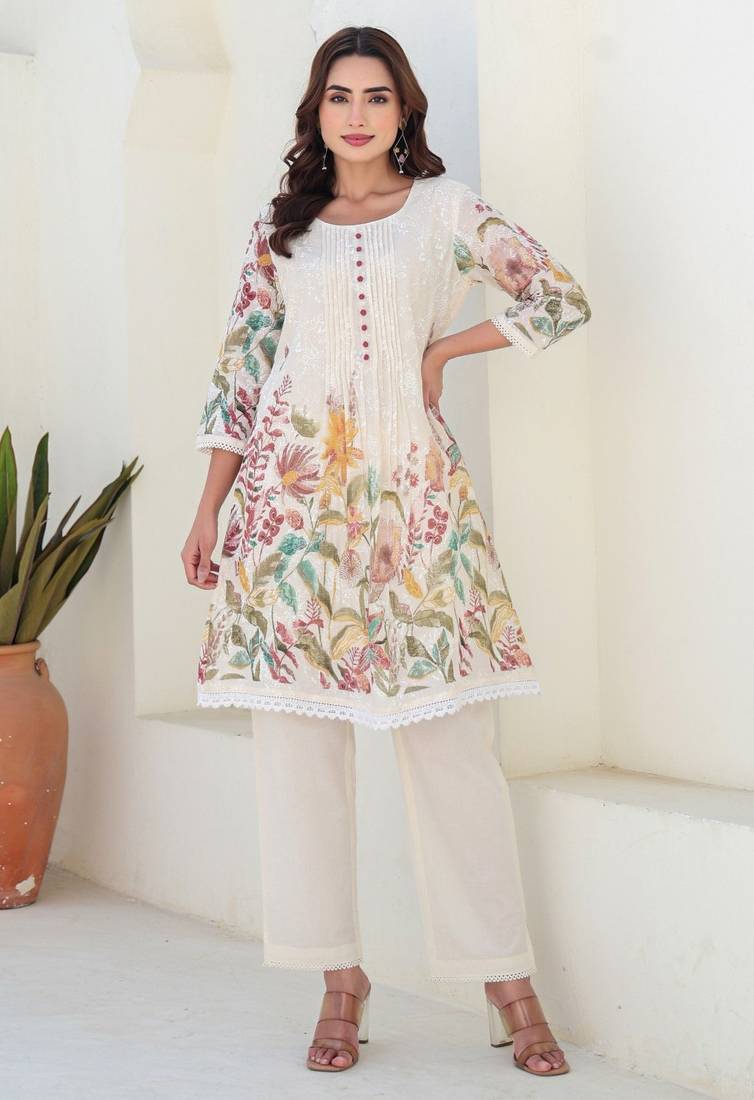 Tiara alabaster light white printed cotton kurta sets