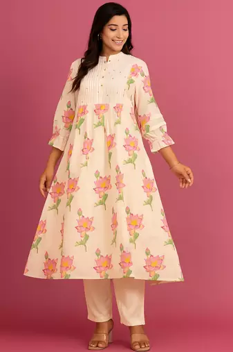 Kabool lotus cream printed cotton kurta sets