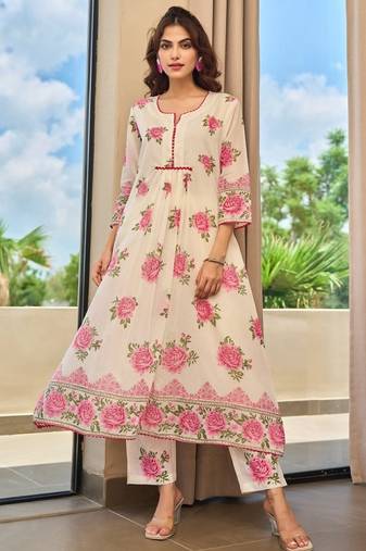 Tiara rose cream printed cotton kurta sets