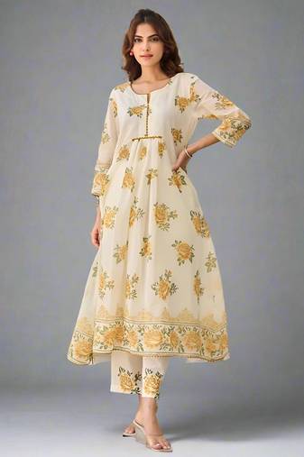 Tiara marigold light white printed cotton kurta sets