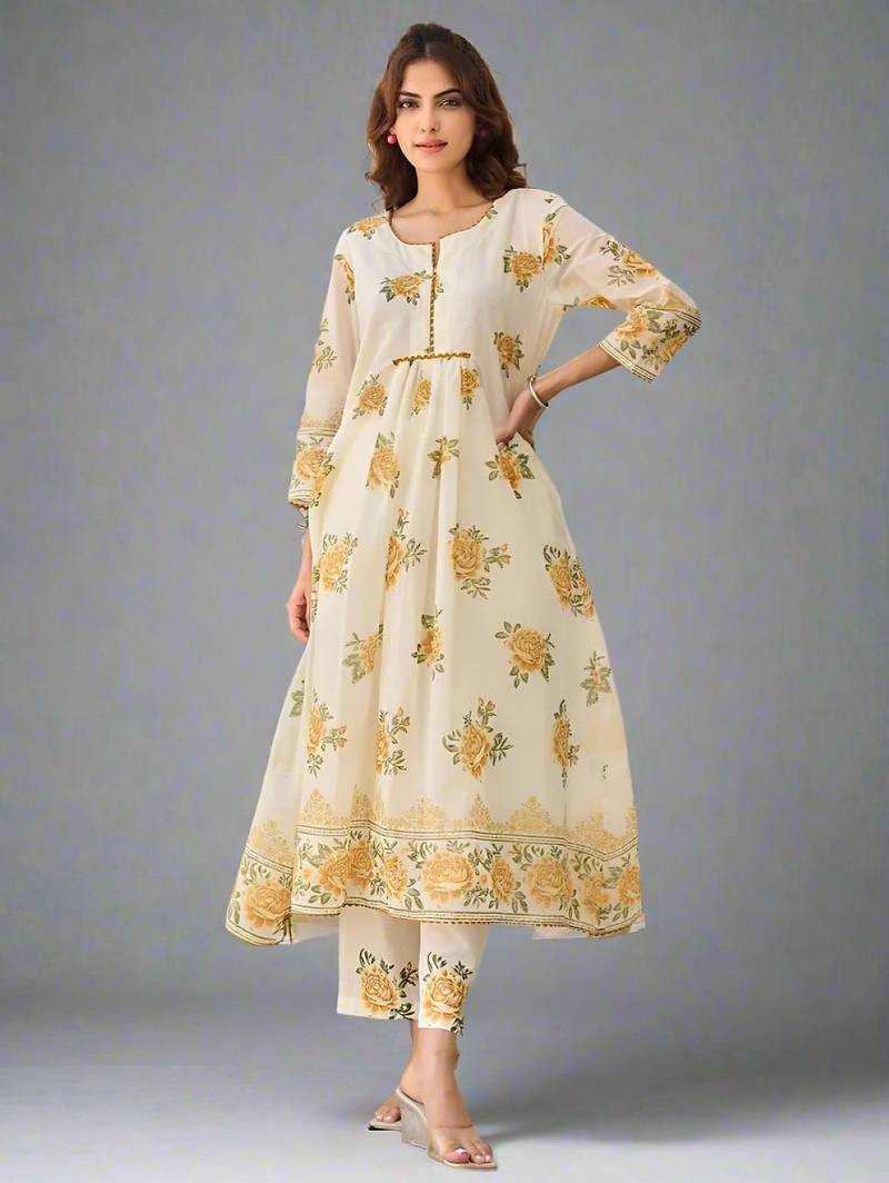 Tiara marigold light white printed cotton kurta sets