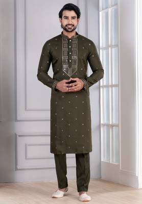 Green Plain Blended Cotton designer kurta pyjama set 1