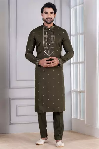 Green Plain Blended Cotton designer kurta pyjama set