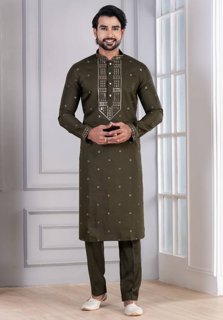 Green Plain Blended Cotton designer kurta pyjama set