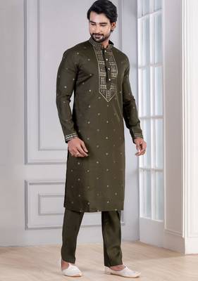 Green Plain Blended Cotton designer kurta pyjama set 2