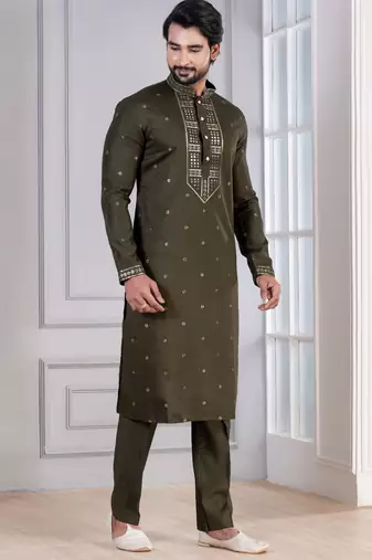 Green Plain Blended Cotton designer kurta pyjama set