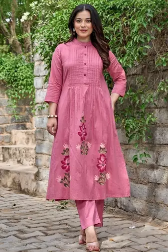 Tiara rouge pink plain cotton kurta sets
