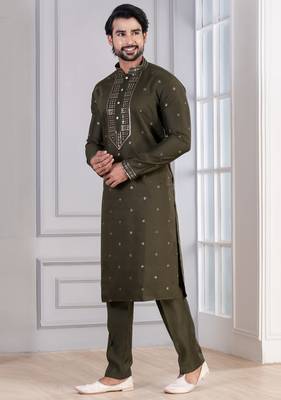 Green Plain Blended Cotton designer kurta pyjama set 3