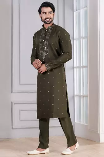 Green Plain Blended Cotton designer kurta pyjama set