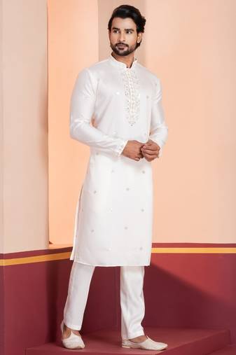 White Plain Blended Cotton designer kurta pyjama set