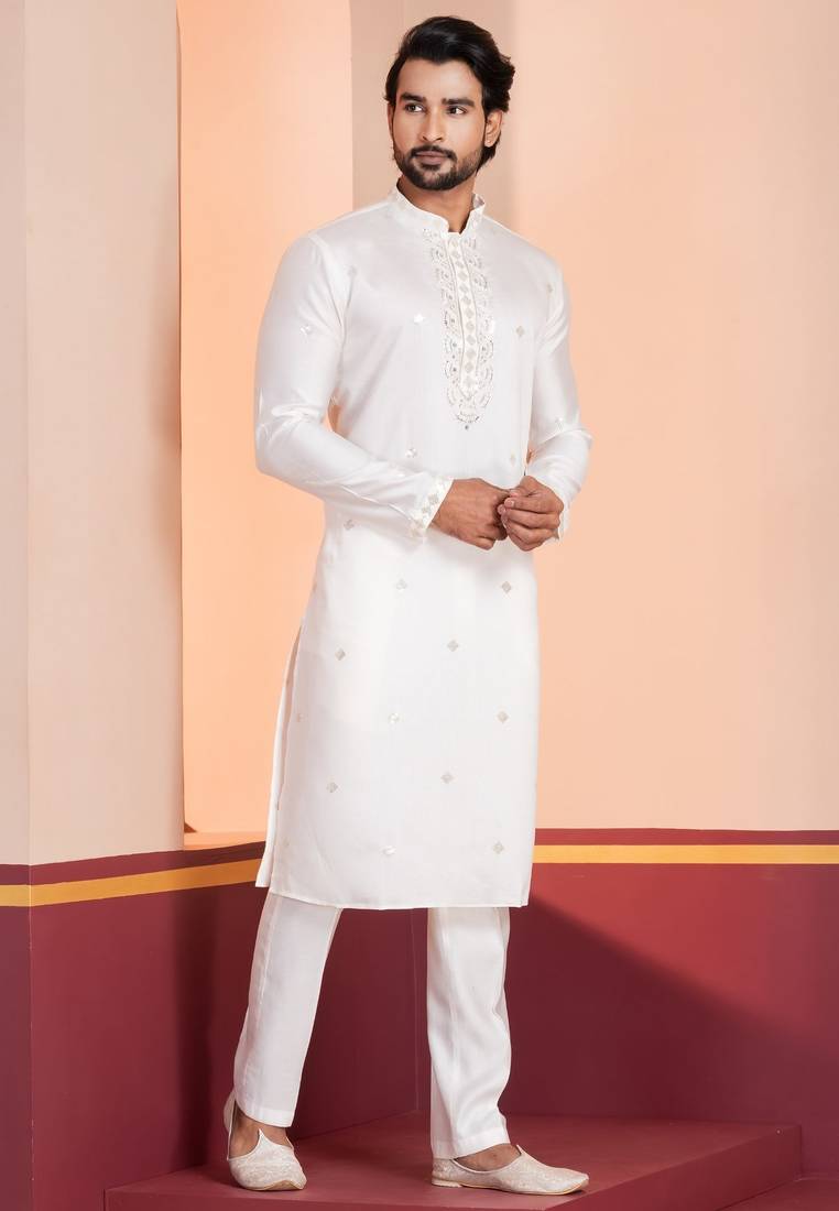 White Plain Blended Cotton designer kurta pyjama set