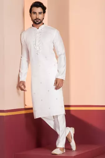 White Plain Blended Cotton designer kurta pyjama set