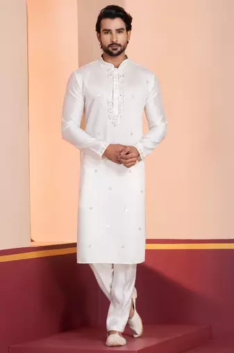 White Plain Blended Cotton designer kurta pyjama set