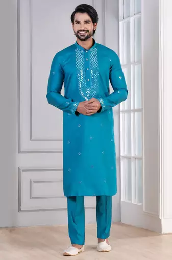 Blue Plain Blended Cotton designer kurta pyjama set