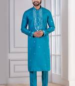 Blue Plain Blended Cotton designer kurta pyjama set