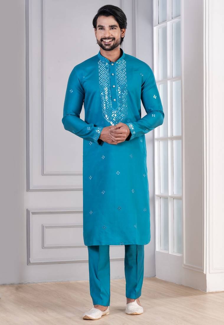Blue Plain Blended Cotton designer kurta pyjama set