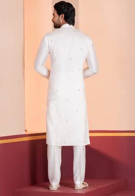 White Plain Blended Cotton designer kurta pyjama set 4