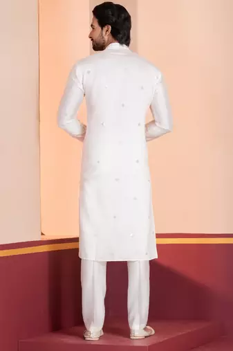 White Plain Blended Cotton designer kurta pyjama set