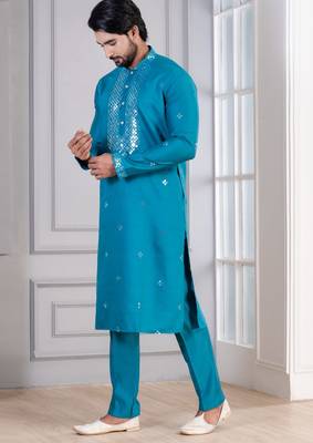 Blue Plain Blended Cotton designer kurta pyjama set 2