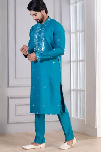 Blue Plain Blended Cotton designer kurta pyjama set
