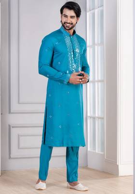 Blue Plain Blended Cotton designer kurta pyjama set 3