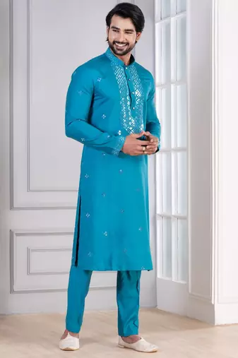 Blue Plain Blended Cotton designer kurta pyjama set