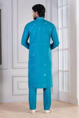 Blue Plain Blended Cotton designer kurta pyjama set 4