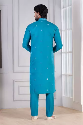 Blue Plain Blended Cotton designer kurta pyjama set