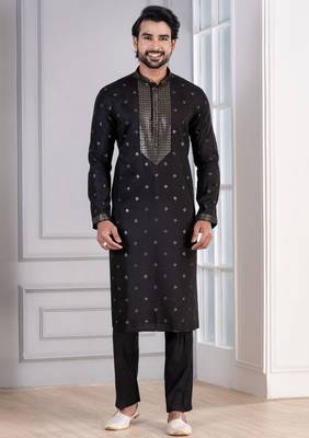 Black Plain Blended Cotton designer kurta pyjama set 1
