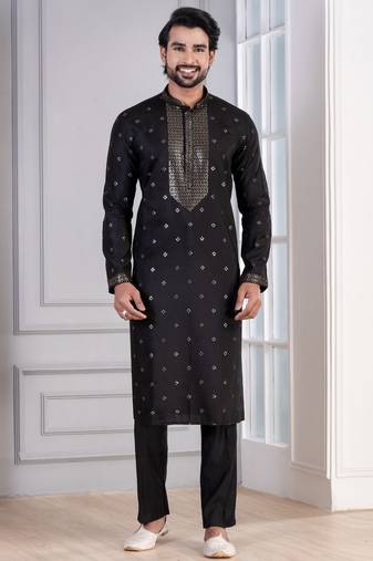 Black Plain Blended Cotton designer kurta pyjama set