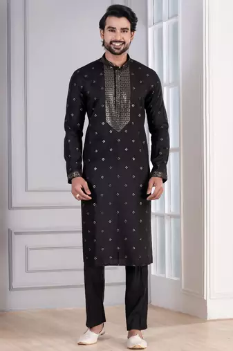 Black Plain Blended Cotton designer kurta pyjama set