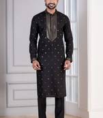 Black Plain Blended Cotton designer kurta pyjama set
