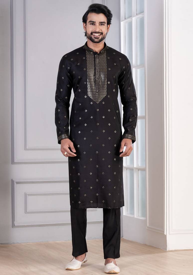 Black Plain Blended Cotton designer kurta pyjama set