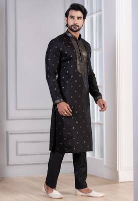 Black Plain Blended Cotton designer kurta pyjama set 2